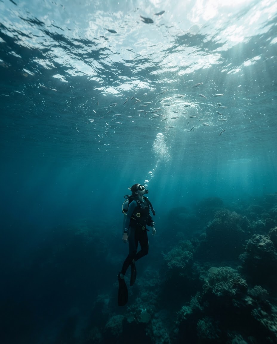 Diver enjoying underwater calm for scuba diving stress relief