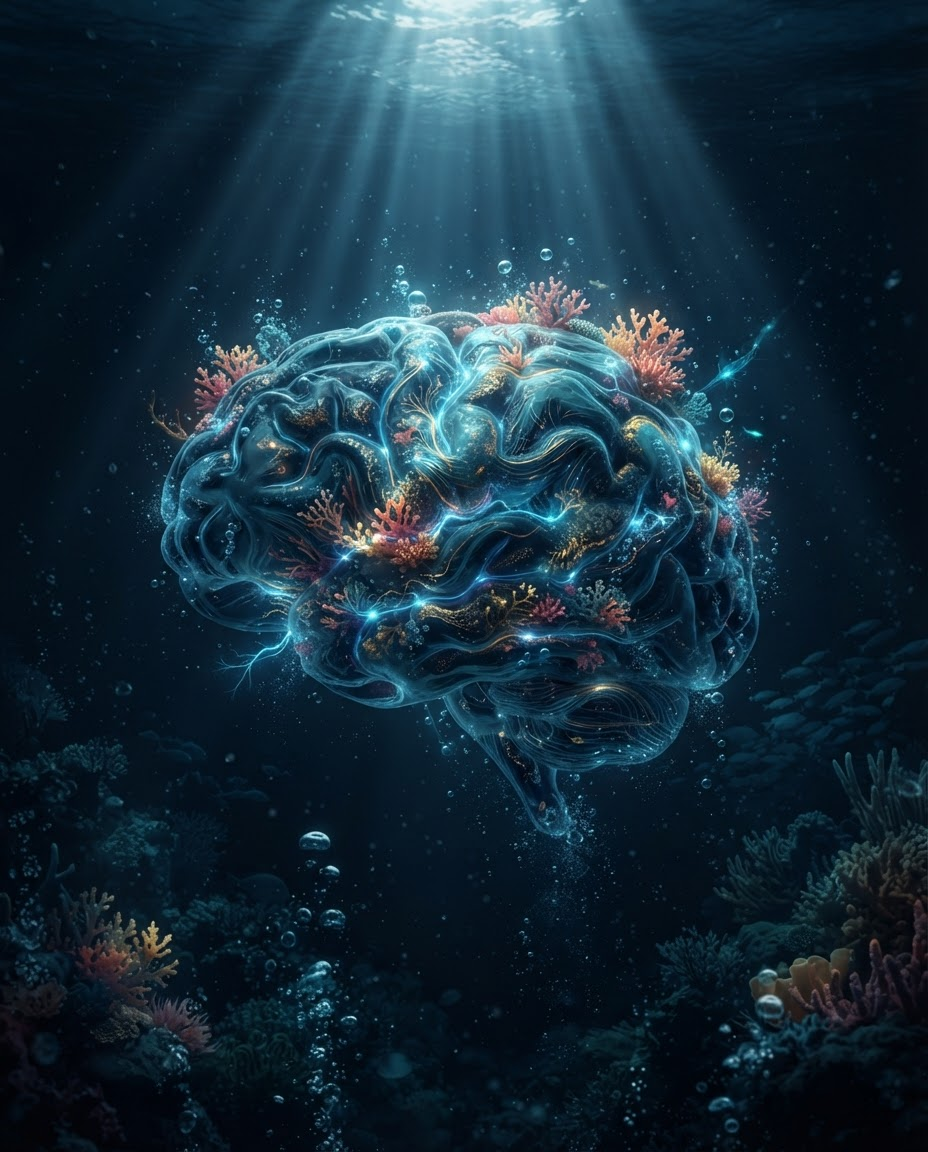 A human brain formed from ocean water and living coral, glowing with bioluminescent neural pathways beneath sun rays