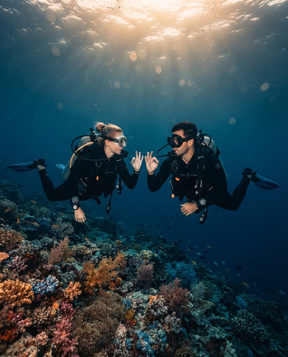 Two scuba divers hovering face to face over a colorful reef, exchanging the OK hand signal in a beam of sunlight