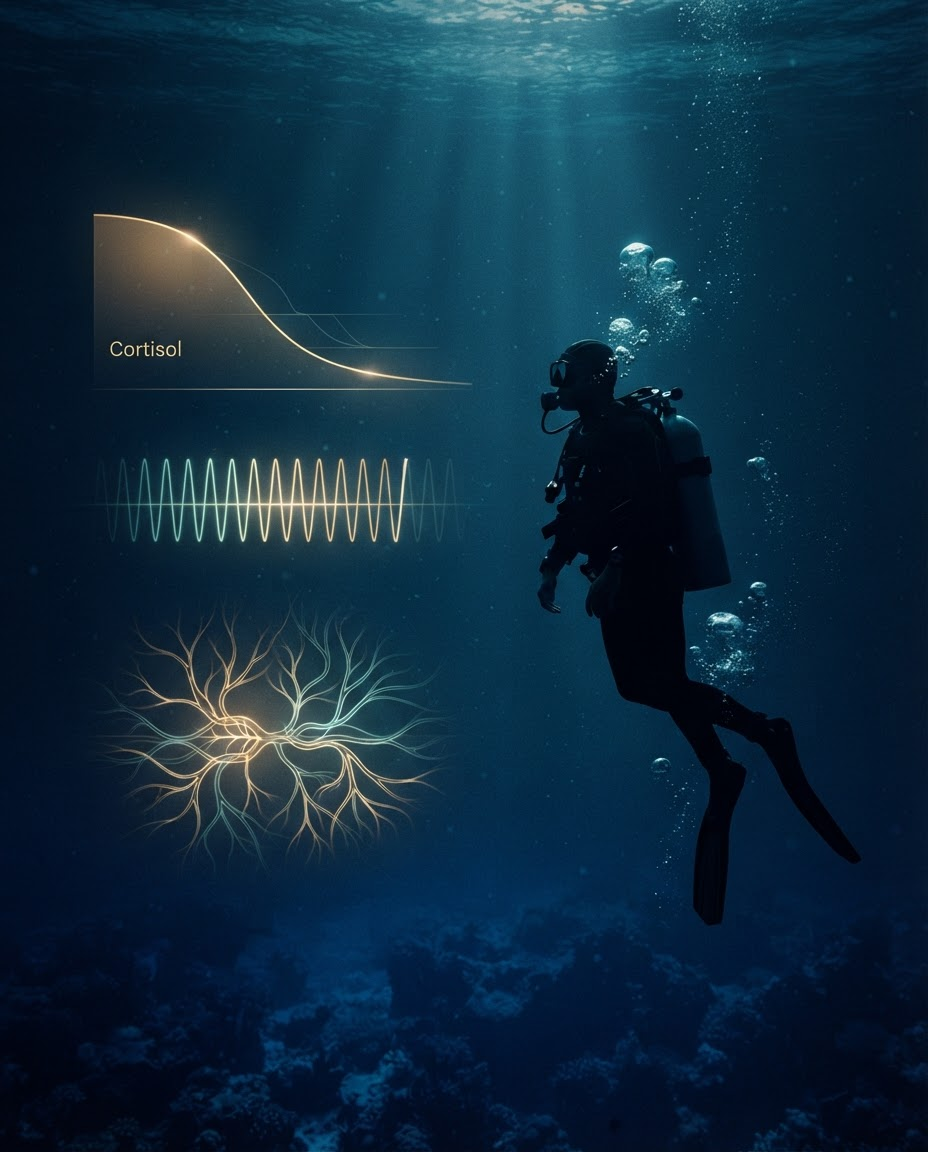 A calm scuba diver silhouette beside glowing scientific charts: a descending cortisol curve, a steady heart-rate rhythm, and a softly lit nervous system pattern