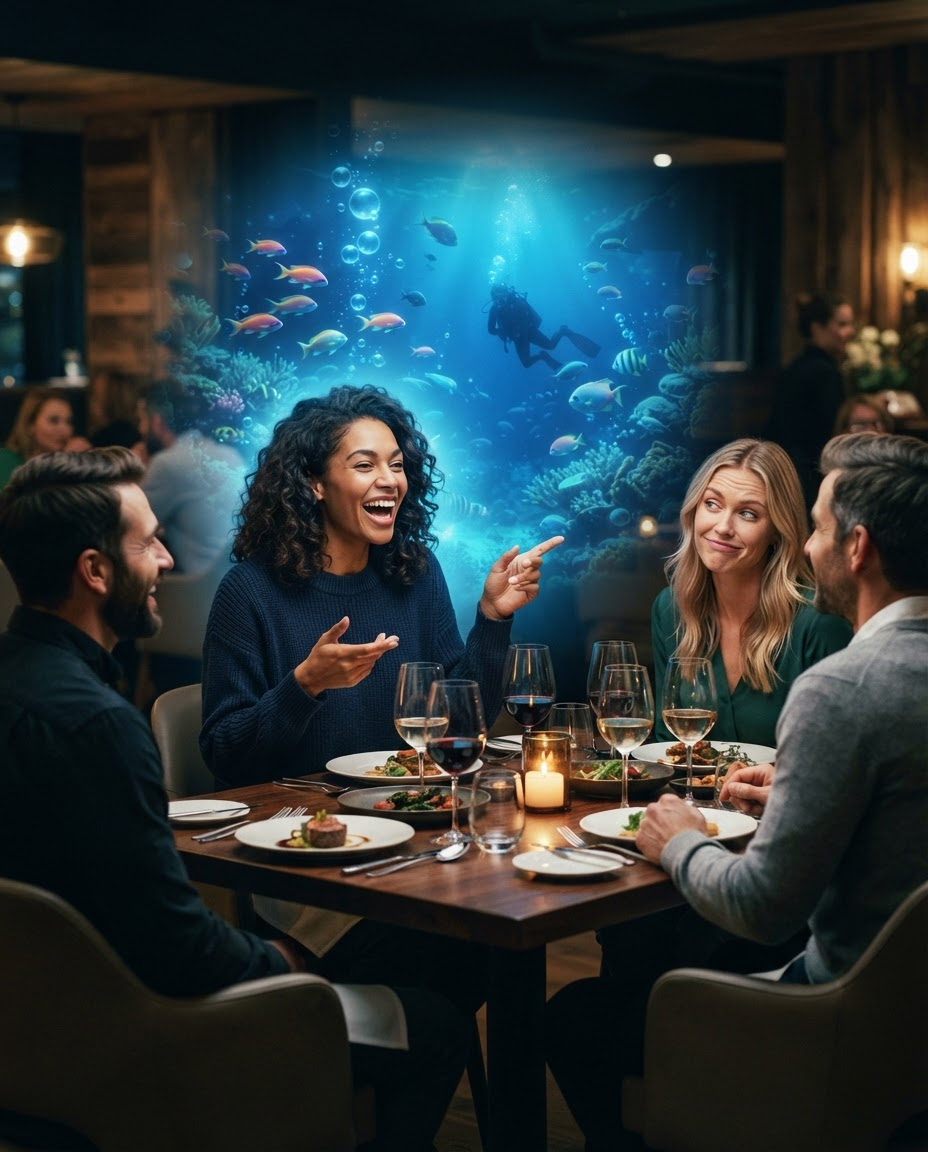 An excited diver gesturing passionately at a dinner table while amused friends listen, a dreamy underwater scene with fish and bubbles glowing behind her like a memory