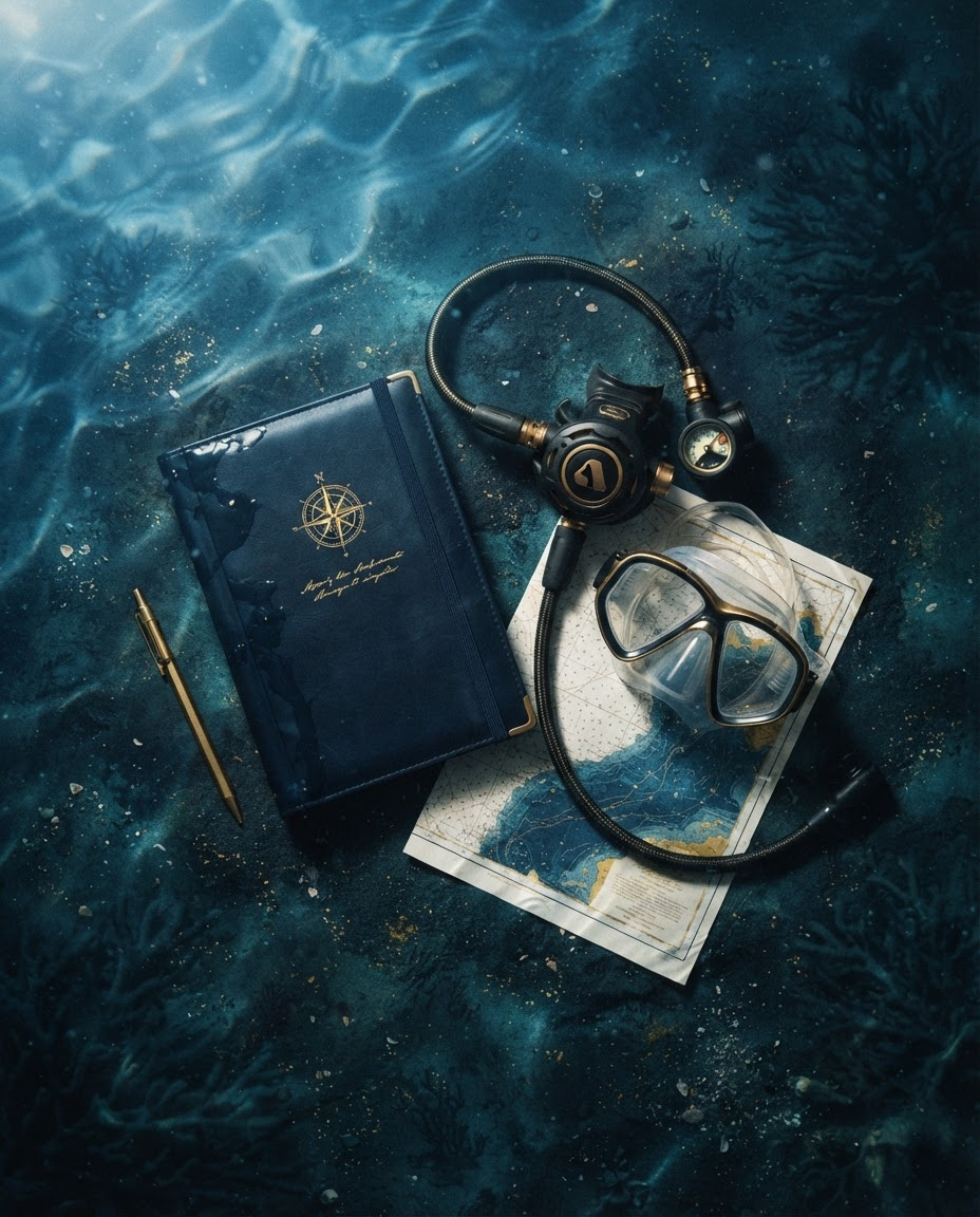 An ocean-inspired flat lay of a dive logbook, regulator, mask, gold pencil, and ocean map bathed in blue light with soft coral shadows