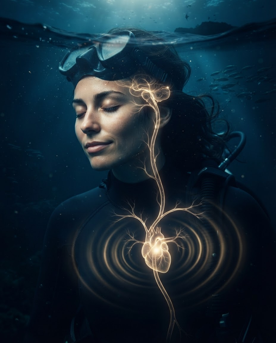 A woman's face half-submerged at the waterline with a glowing vagus nerve pathway running from her brainstem to her heart, calm ripples radiating from her chest