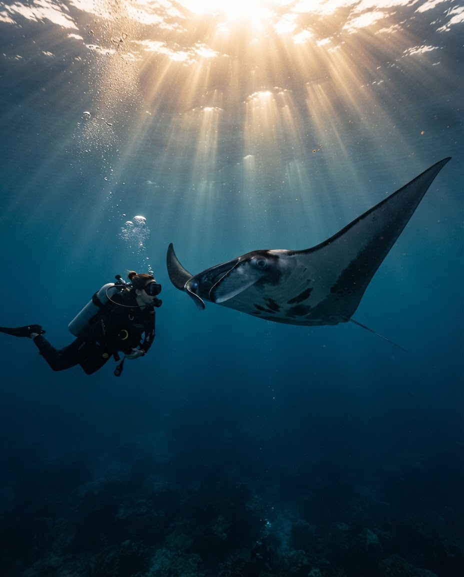 A majestic manta ray gliding close to a scuba diver in cathedral-like blue water, sunlight fracturing through the surface above