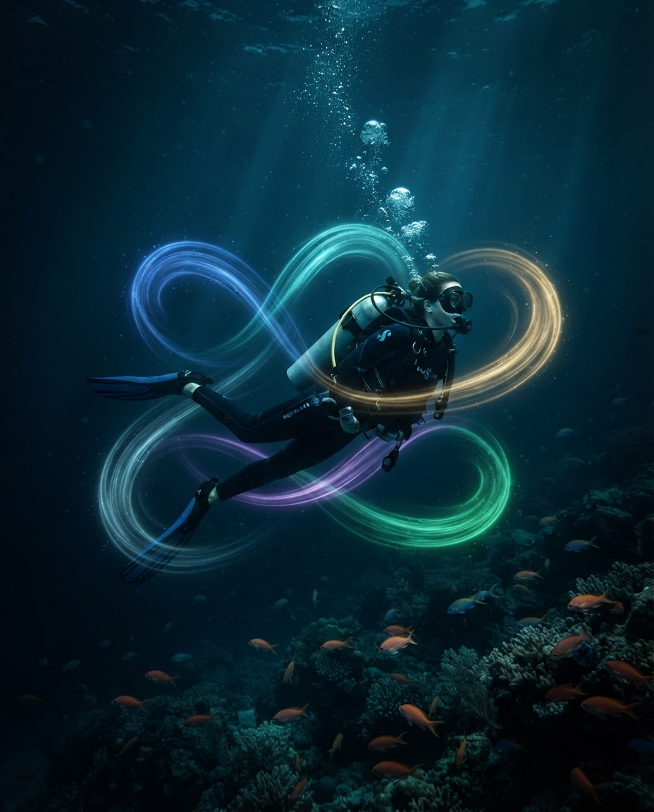 A scuba diver surrounded by five swirling ribbons of colored light — blue, teal, gold, violet, and green — representing dopamine, oxytocin, serotonin, endorphins, and flow