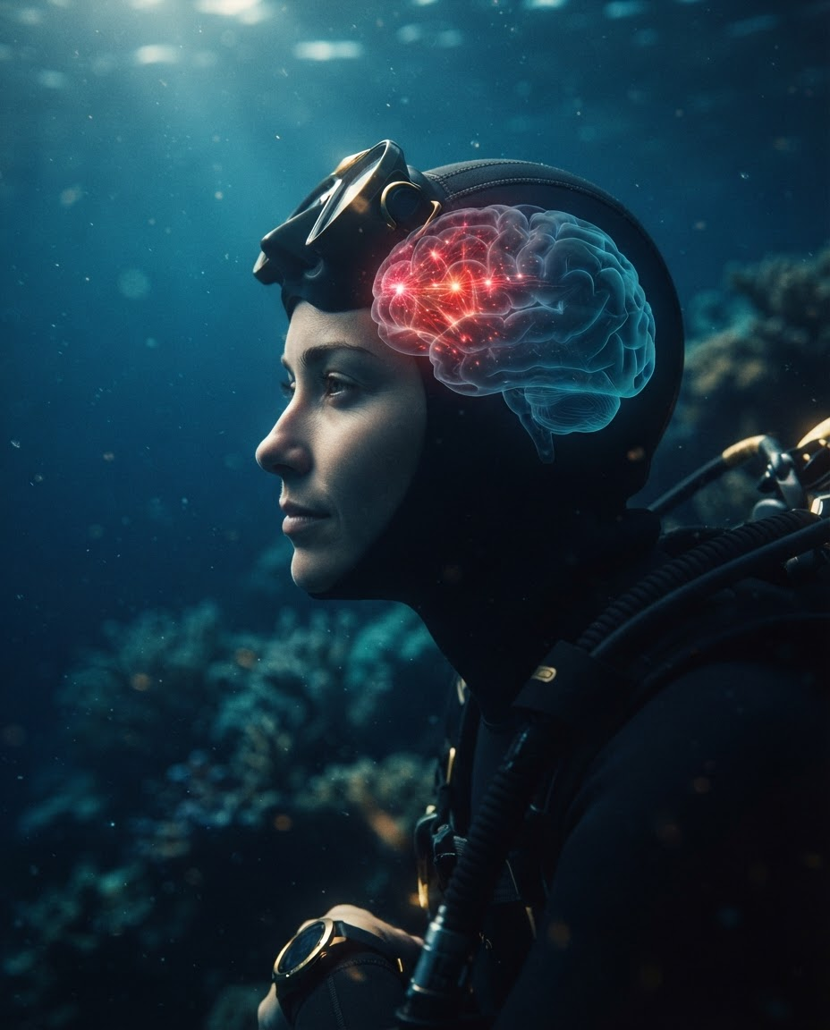 Underwater portrait of a diver in profile with a translucent brain overlay, the frontal region fading from bright red activity into calm blue stillness