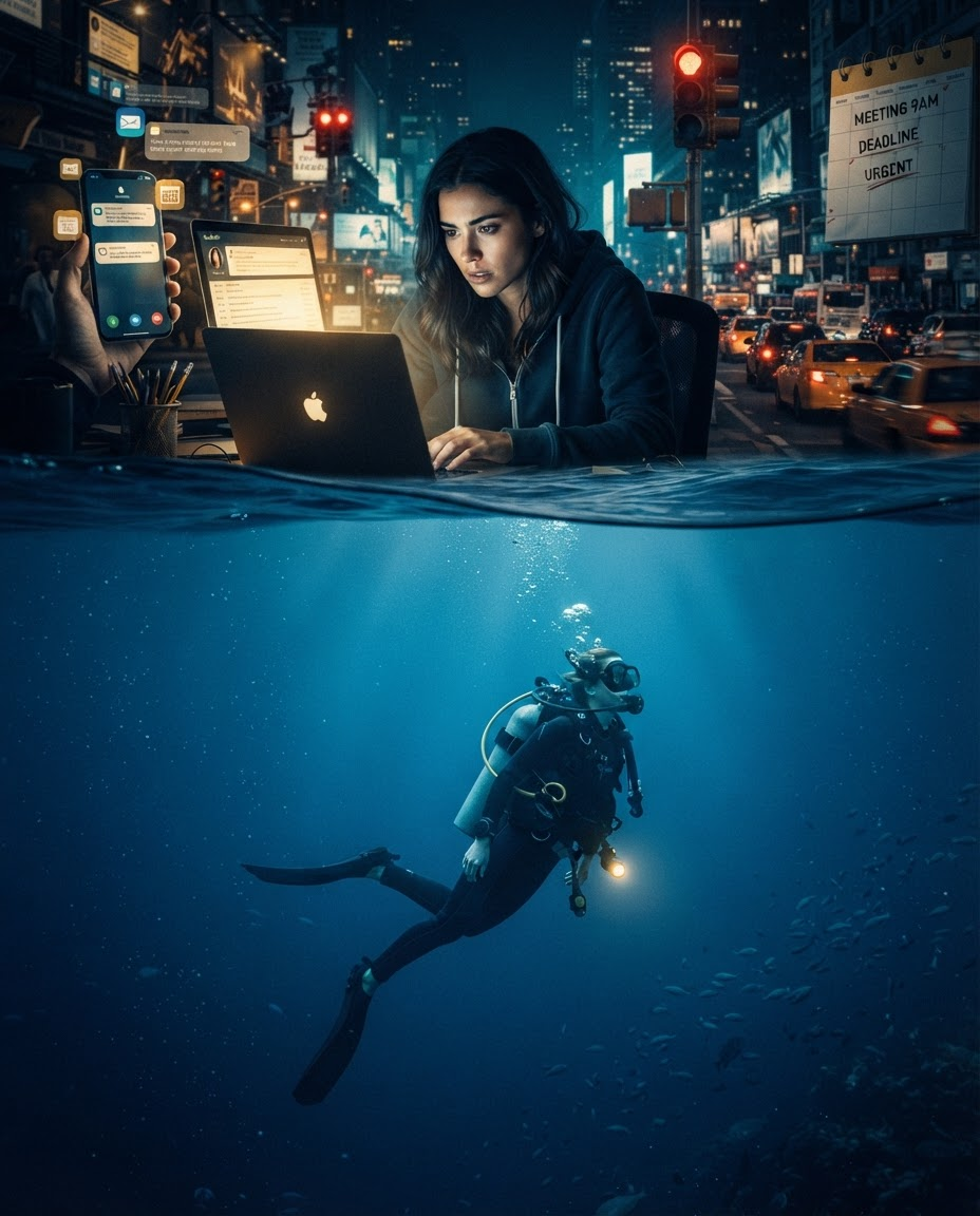 Split scene: above the waterline a woman works at a laptop surrounded by notifications and city noise; below it, the same woman drifts weightless as a scuba diver in calm blue water