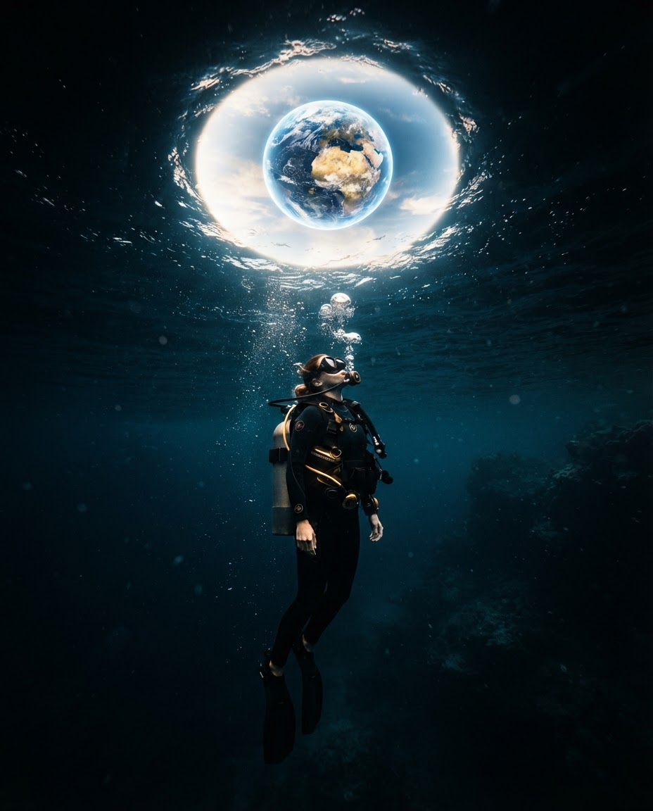 A scuba diver floating in dark water, looking up at a circular window of light in the surface where Earth glows like a planet seen from space